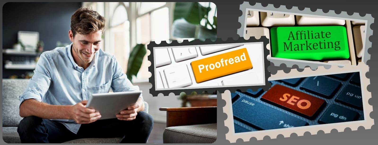 A man holding a notebook and labels with remote jobs beside