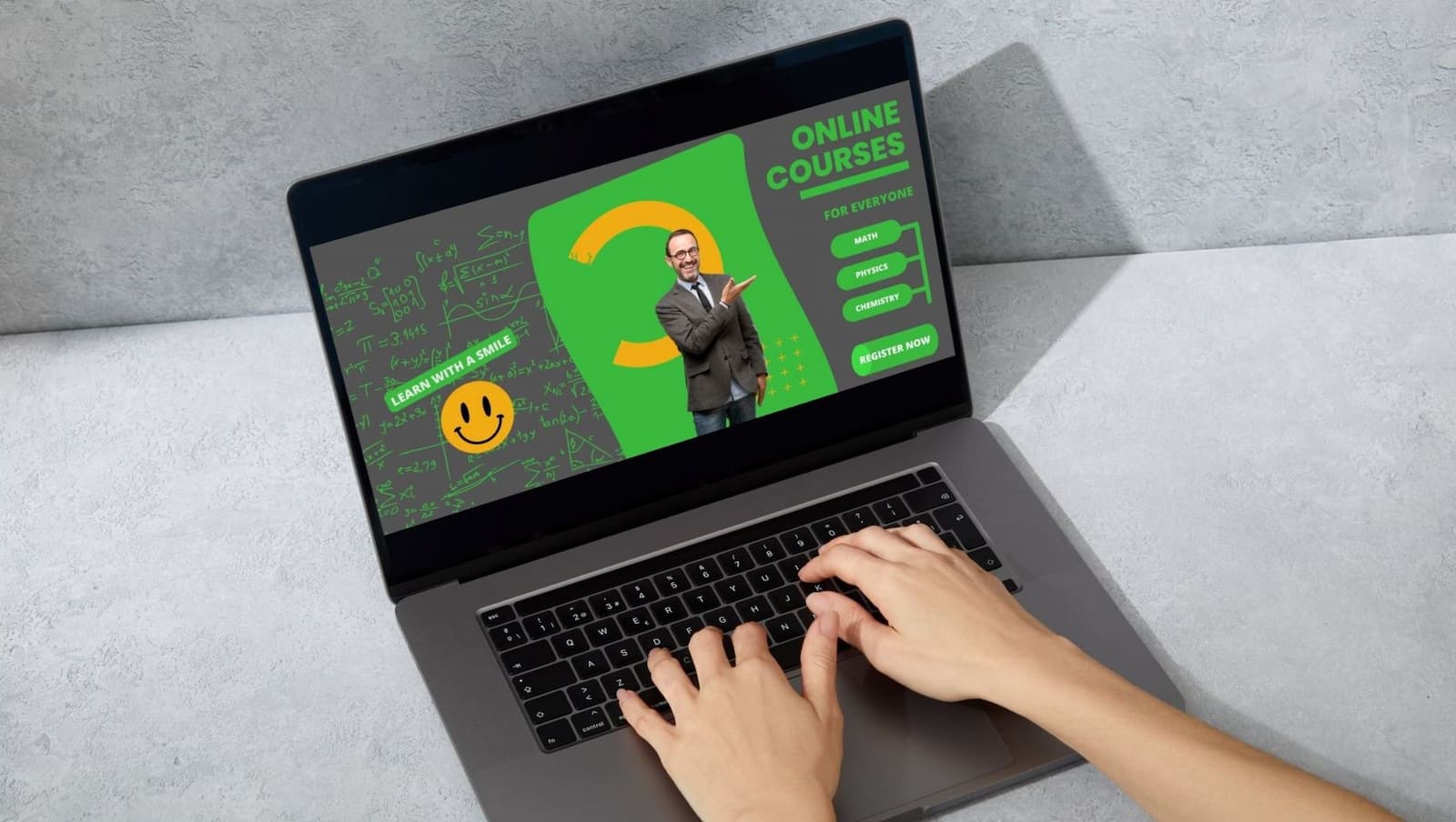 Hands on the laptop keyboard and an online course ad on the screen