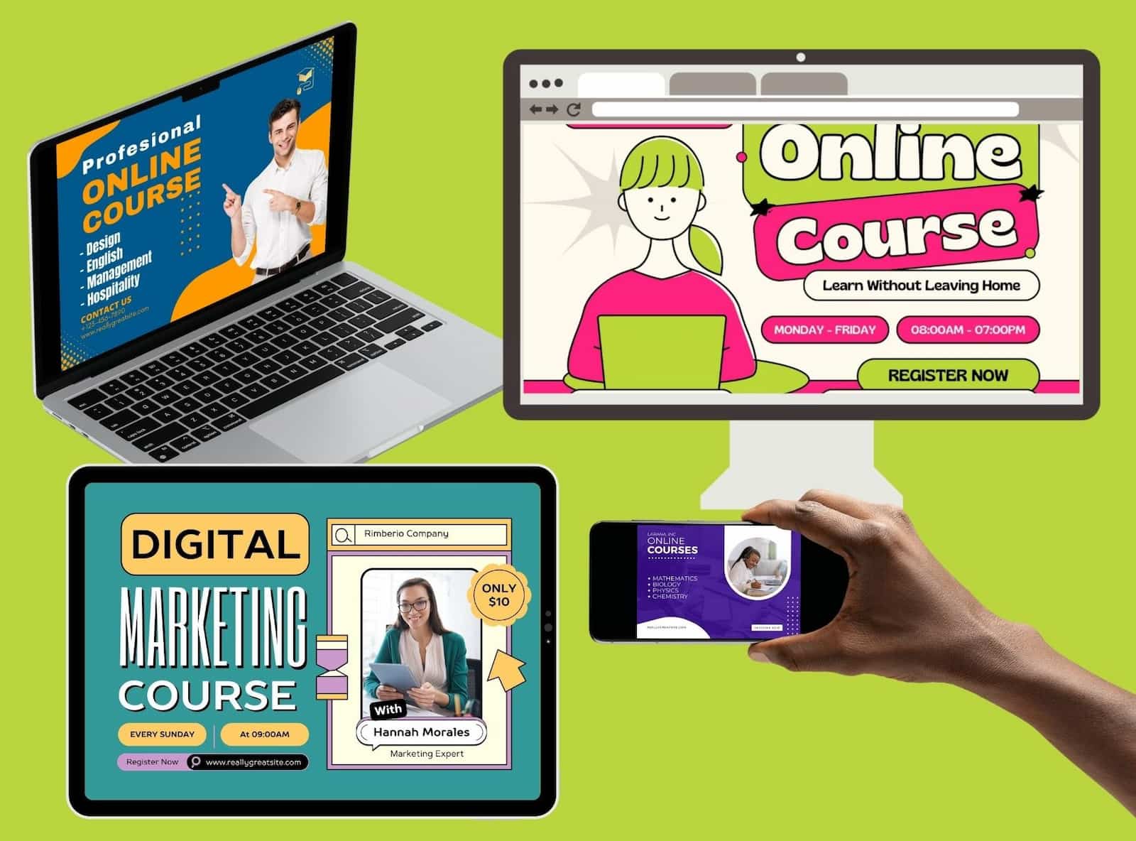 Various online couses on laptop, tablet, monitor and cell phone