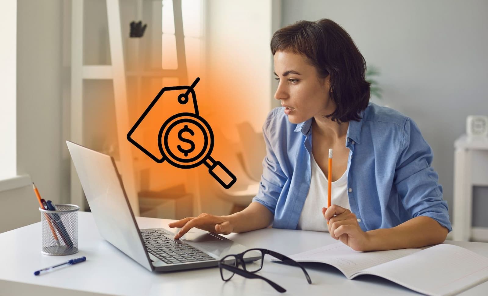 A price symbol and a woman researching on her laptop