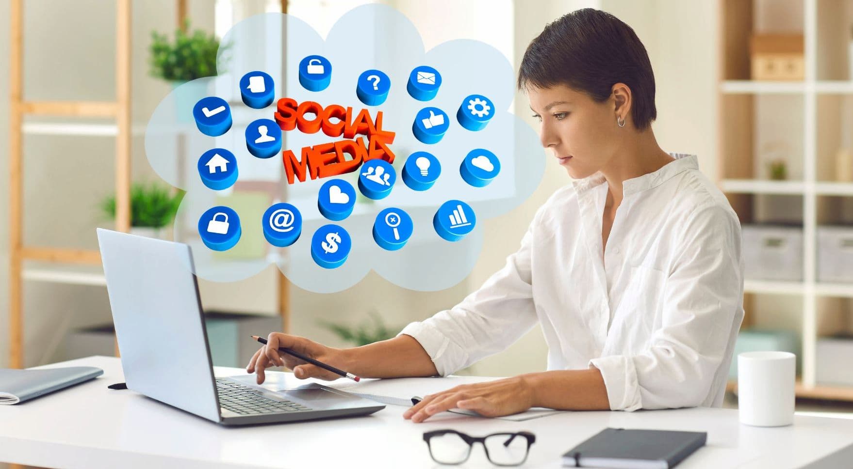 A woman working on her laptop with various social media icons beside her
