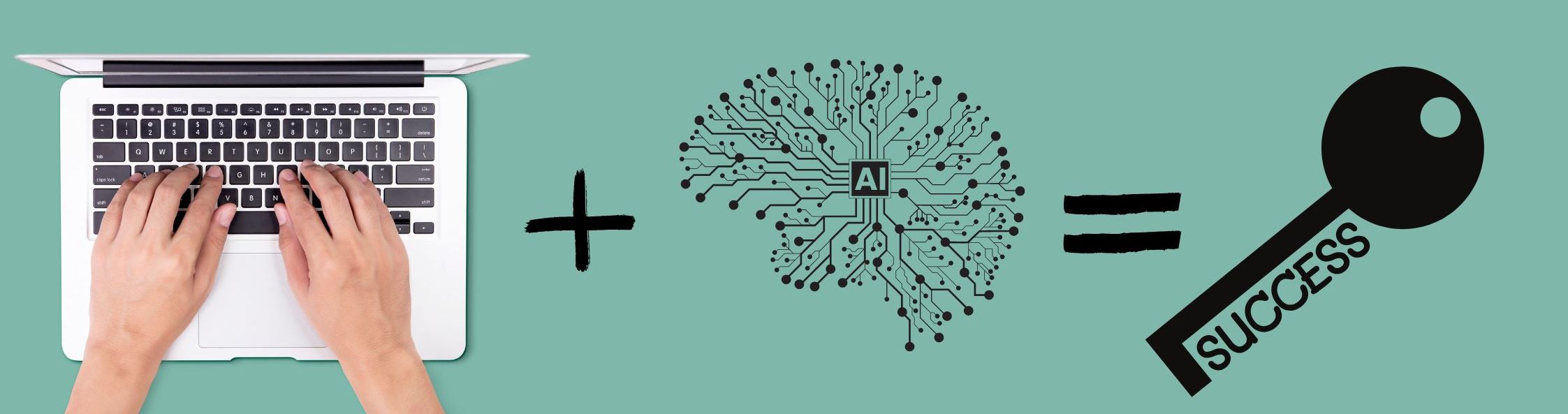 Hands on laptop keyboard, AI symbol and a success key icon