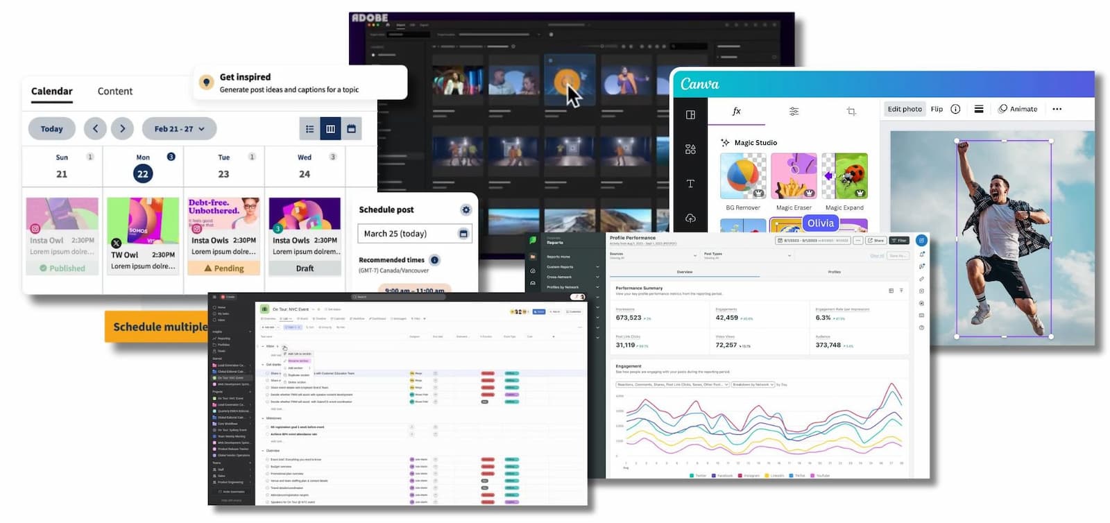 Screenshots of various tools that Social media managers use
