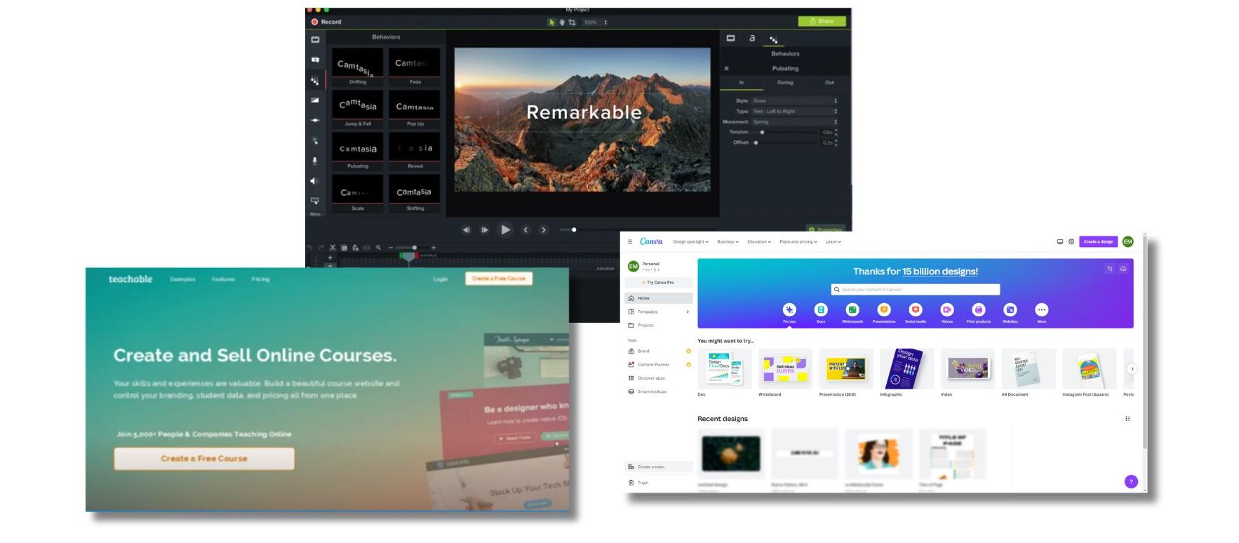 Screenshots of various tools for online course creating