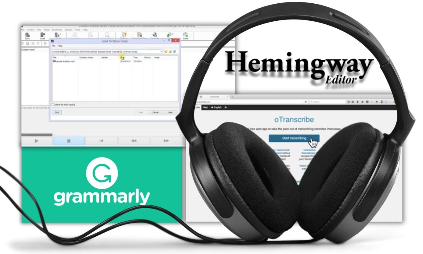 Headphones, screenshots and logos of online tools