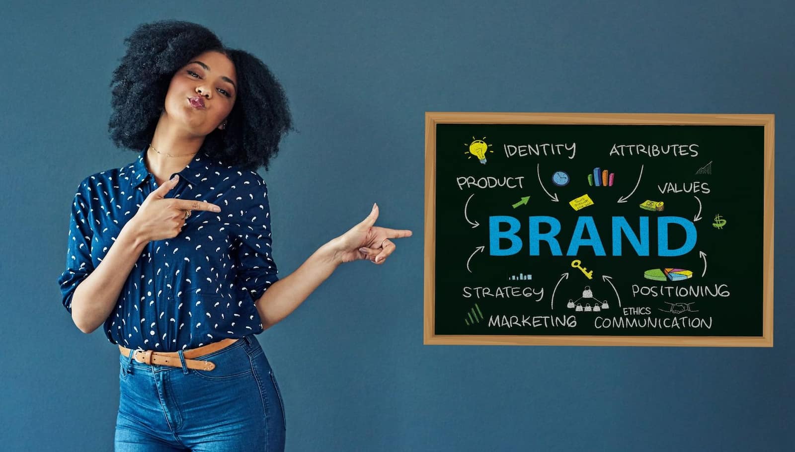 A woman pointing at the board with branding ideas
