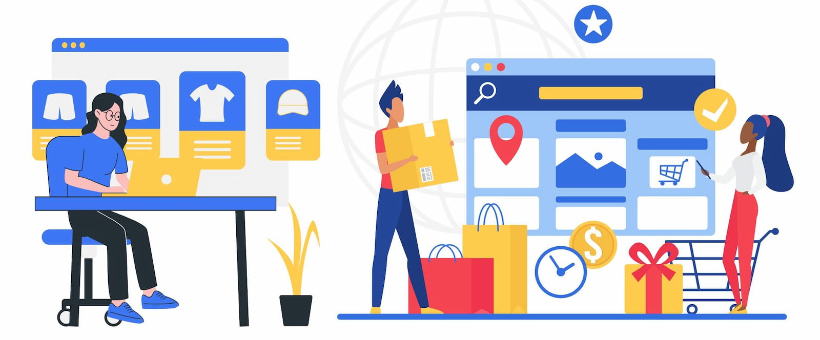 Graphic icons showing e-commerce business strategy