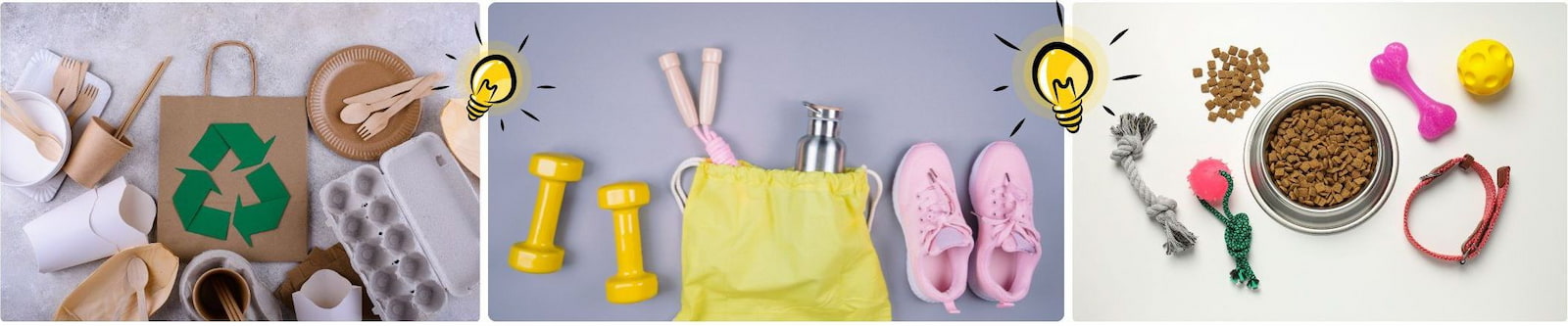 Images of fitness gear, eco-friendly products and pet supplies